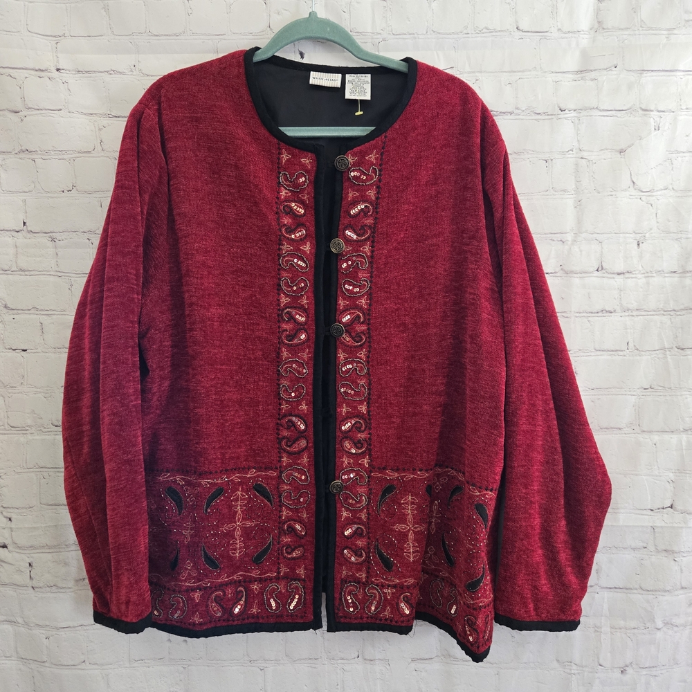 90s White Stag Black and Red Velvet Tapesrty Jacket Embroidered and beaded Sz XL